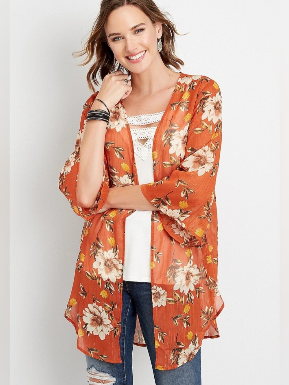 Maurices Metallic Rust Floral Kimono Cardigan